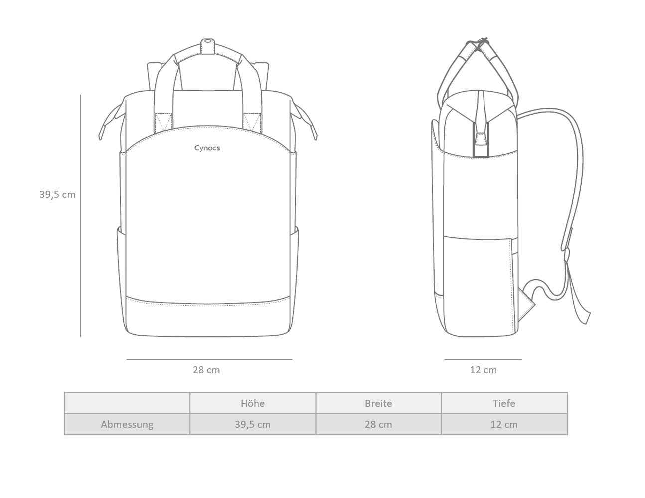 Maßskizze und Abmessungen des Cynocs Capri Rucksacks mit Volumenangaben