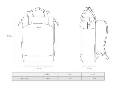 Maßskizze und Abmessungen des Cynocs Capri Rucksacks mit Volumenangaben